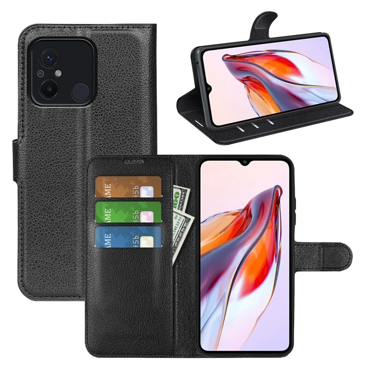 Funda protectora de teléfono para Xiaomi Redmi 12C 4G, textura de lichí, antiescabioso, tapa de cuero con cartera y soporte, color negro