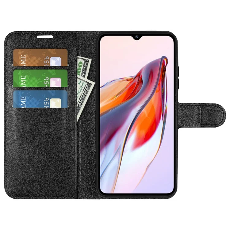 Funda protectora de teléfono para Xiaomi Redmi 12C 4G, textura de lichí, antiescabioso, tapa de cuero con cartera y soporte, color negro