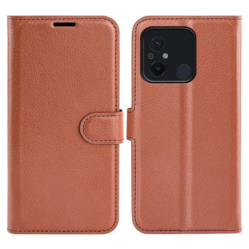 Étui de protection pour téléphone pour Xiaomi Redmi 12C 4G, texture en litchi, anti-rayures, rabat en cuir synthétique, portefeuille, support - Marron