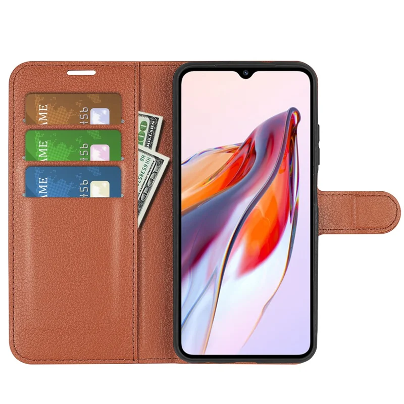 Étui de protection pour téléphone pour Xiaomi Redmi 12C 4G, texture en litchi, anti-rayures, rabat en cuir synthétique, portefeuille, support - Marron