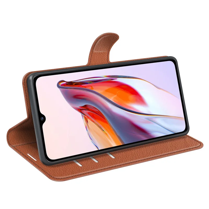 Étui de protection pour téléphone pour Xiaomi Redmi 12C 4G, texture en litchi, anti-rayures, rabat en cuir synthétique, portefeuille, support - Marron