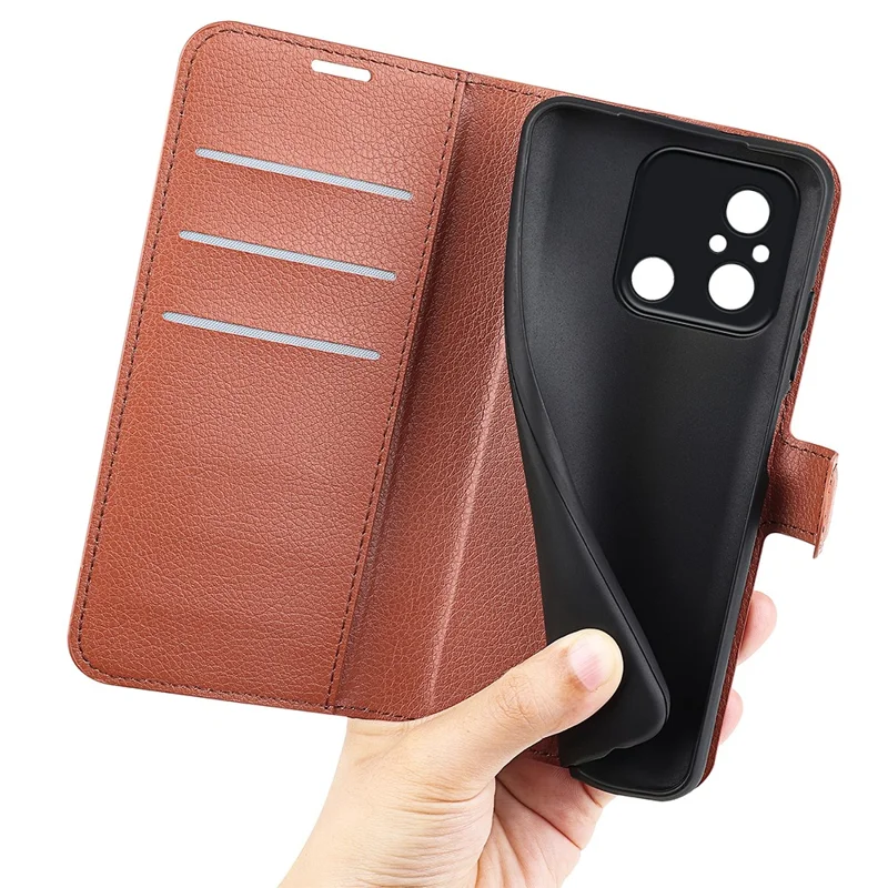 Étui de protection pour téléphone pour Xiaomi Redmi 12C 4G, texture en litchi, anti-rayures, rabat en cuir synthétique, portefeuille, support - Marron