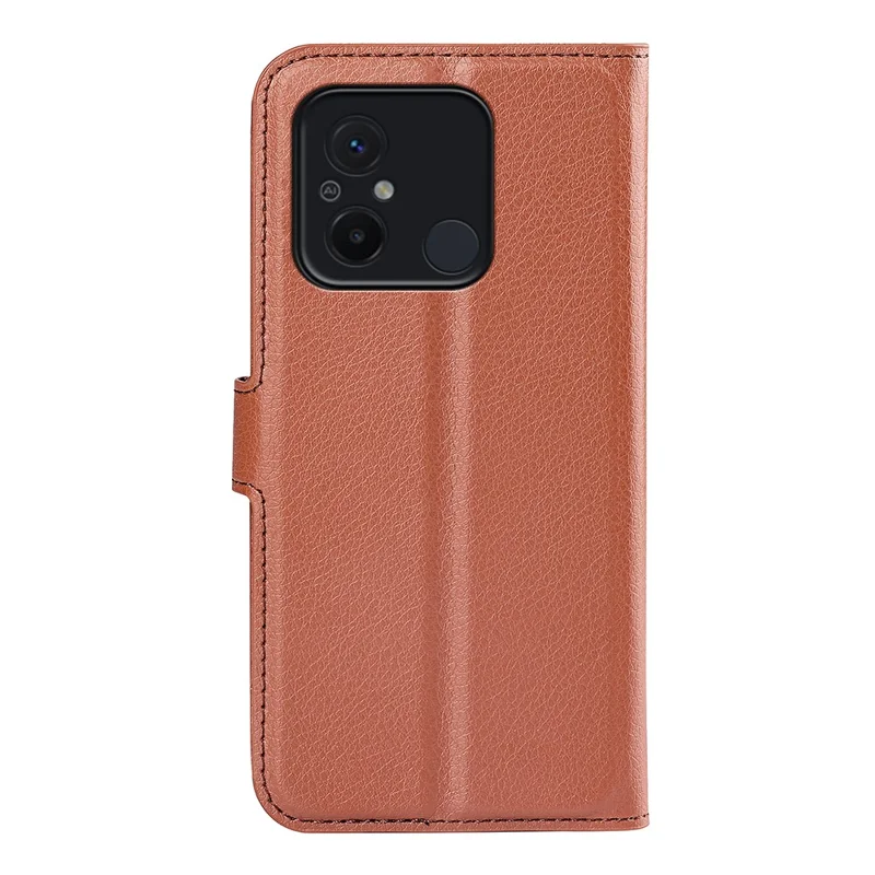 Étui de protection pour téléphone pour Xiaomi Redmi 12C 4G, texture en litchi, anti-rayures, rabat en cuir synthétique, portefeuille, support - Marron