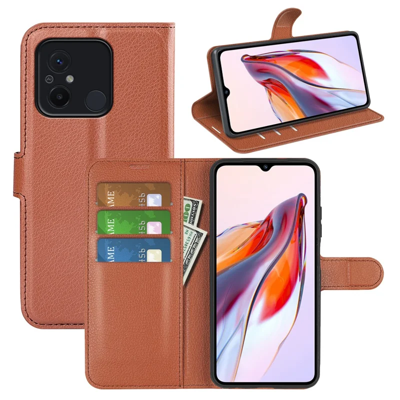 Étui de protection pour téléphone pour Xiaomi Redmi 12C 4G, texture en litchi, anti-rayures, rabat en cuir synthétique, portefeuille, support - Marron