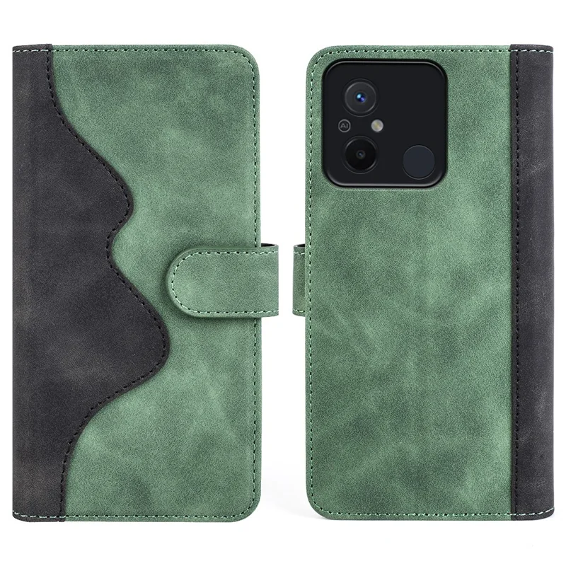 For Xiaomi Redmi 12C 4G Anti-Scratch Dual Color Phone Case Splicing Wallet Stand Leather Cover - Green