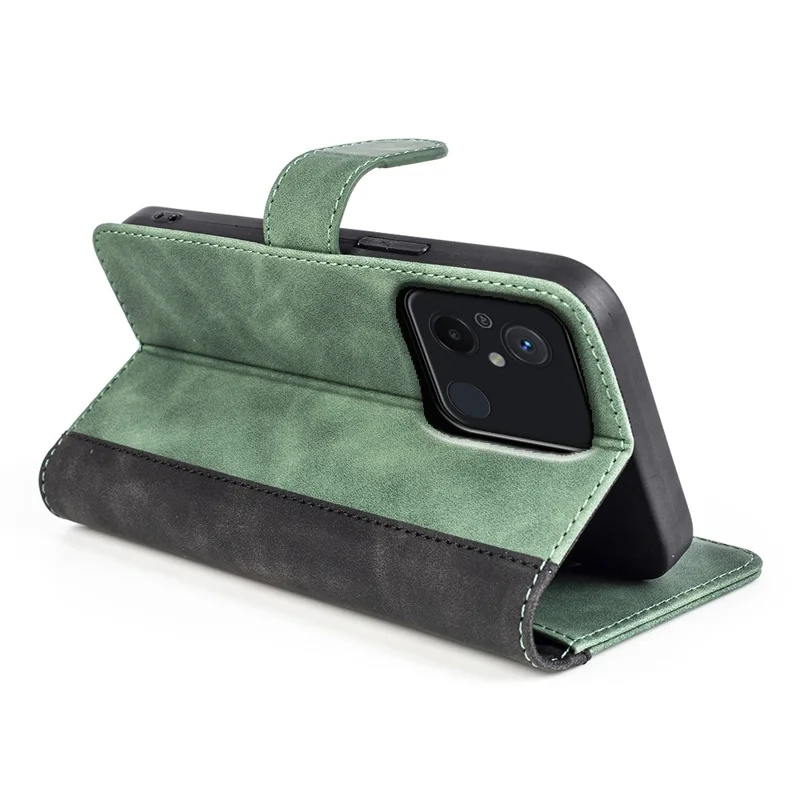 For Xiaomi Redmi 12C 4G Anti-Scratch Dual Color Phone Case Splicing Wallet Stand Leather Cover - Green