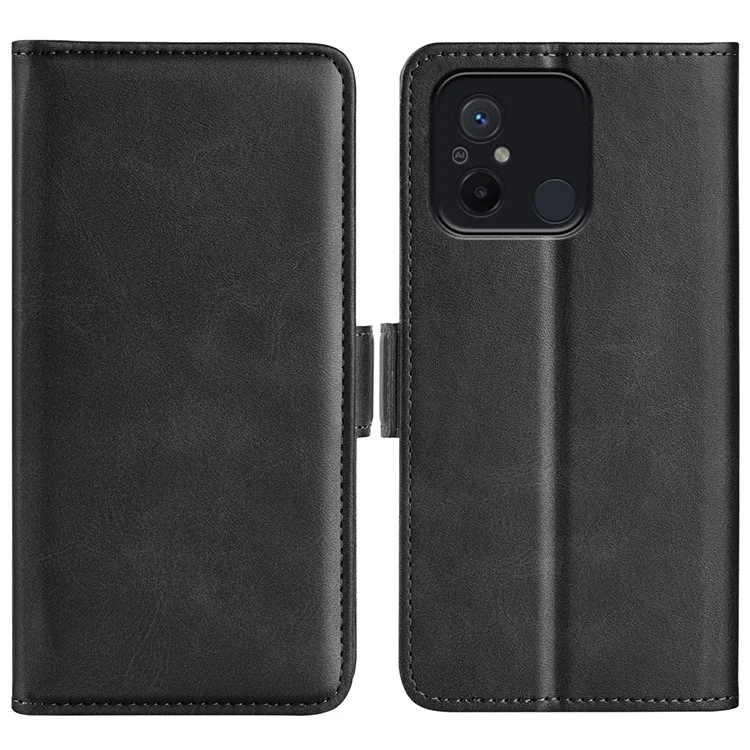 For Xiaomi Redmi 12C 4G Phone Case Calf Texture PU Leather Wallet Protective Cover with Stand - Black