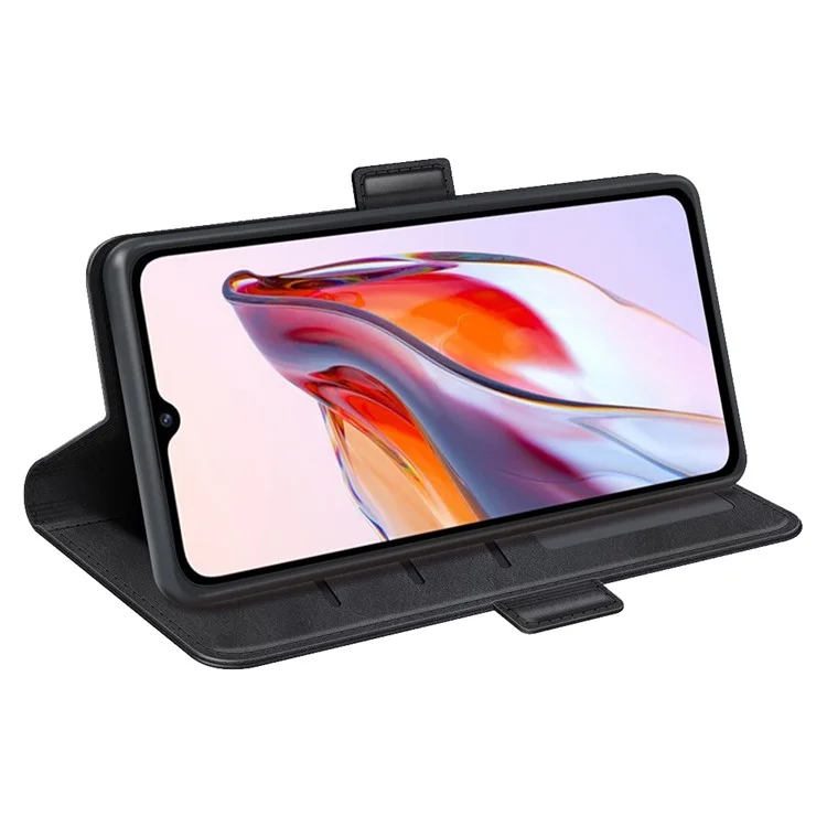 For Xiaomi Redmi 12C 4G Phone Case Calf Texture PU Leather Wallet Protective Cover with Stand - Black