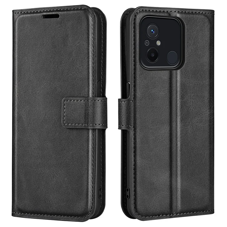 Para Xiaomi Redmi 12C 4G Calf Texture PU Leather Stand Wallet Case Square Magnetic Clasp Phone Cover - Negro