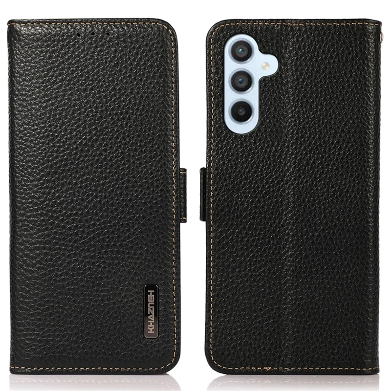 KHAZNEH For Samsung Galaxy A34 5G RFID Blocking Phone Wallet Case Genuine Cow Leather Stand Phone Cover - Black
