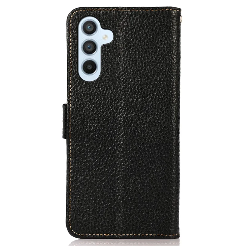 KHAZNEH For Samsung Galaxy A34 5G RFID Blocking Phone Wallet Case Genuine Cow Leather Stand Phone Cover - Black