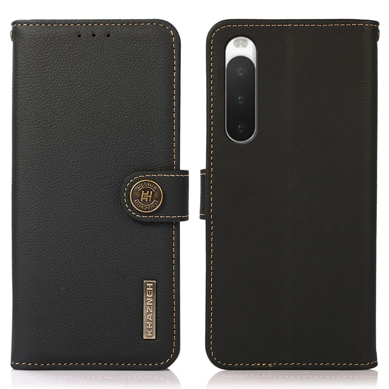 KHAZNEH For Sony Xperia 10 V RFID Blocking Phone Case Wallet Stand Genuine Cow Leather Cover - Black