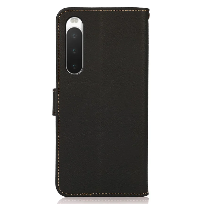 KHAZNEH For Sony Xperia 10 V RFID Blocking Phone Case Wallet Stand Genuine Cow Leather Cover - Black