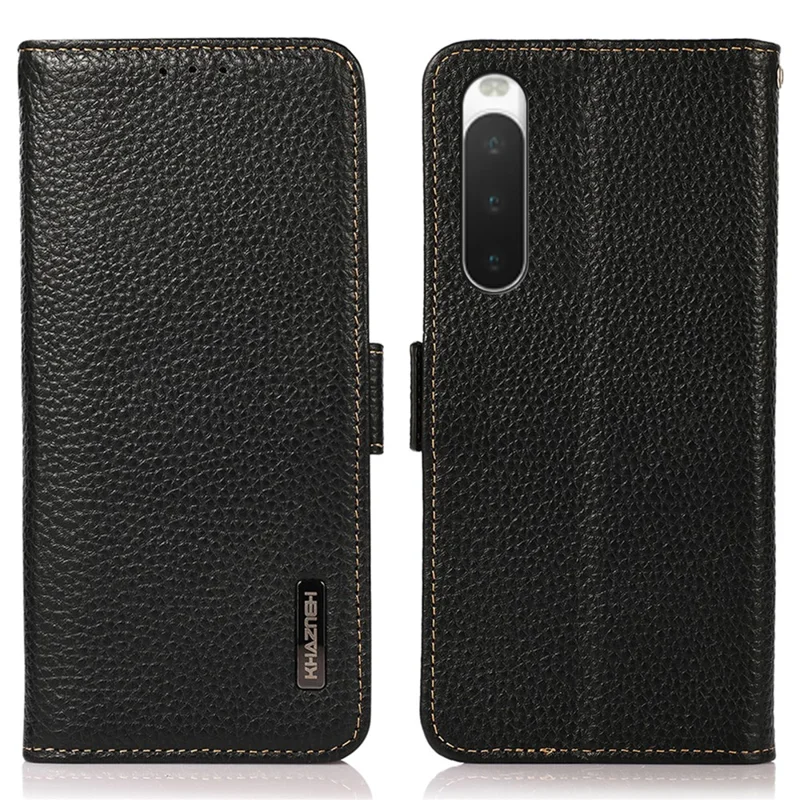 KHAZNEH For Sony Xperia 10 V Stand Wallet Phone Case RFID Blocking Genuine Cow Leather Phone Cover - Black