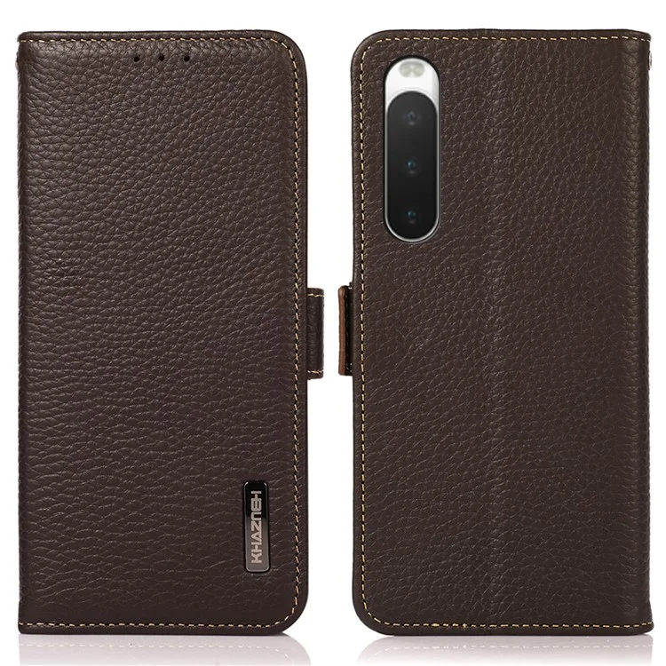 KHAZNEH per Sony Xperia 10 V Stand Wallet Phone Case RFID Blocking Genuine Cow Leather Phone Cover - Marrone