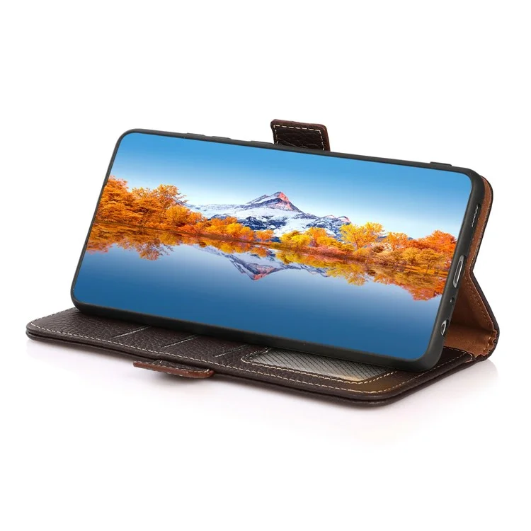 KHAZNEH per Sony Xperia 10 V Stand Wallet Phone Case RFID Blocking Genuine Cow Leather Phone Cover - Marrone