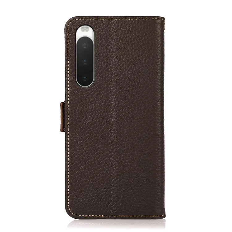 KHAZNEH per Sony Xperia 10 V Stand Wallet Phone Case RFID Blocking Genuine Cow Leather Phone Cover - Marrone