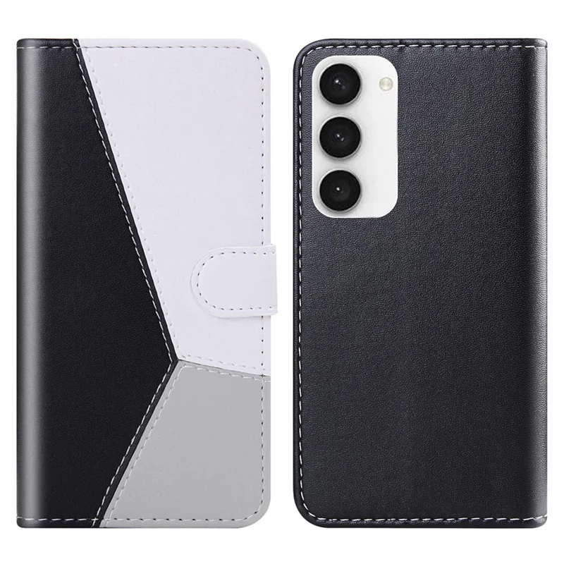 Shockproof Phone Case for Samsung Galaxy S23 , Tri-color Splicing Flip Leather Phone Wallet Cover Stand - Black / White / Grey