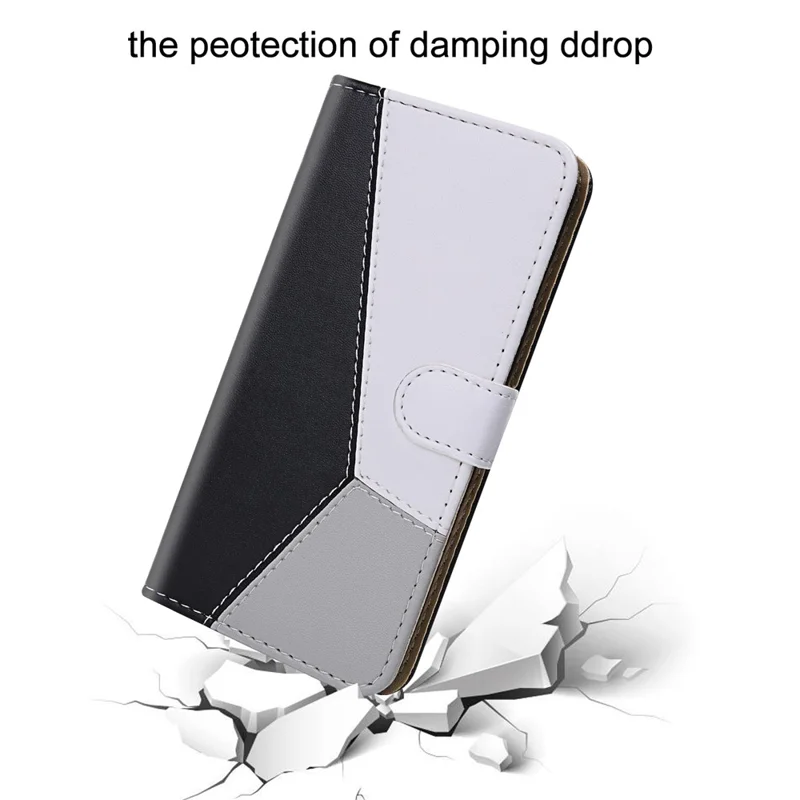 Shockproof Phone Case for Samsung Galaxy S23 , Tri-color Splicing Flip Leather Phone Wallet Cover Stand - Black / White / Grey