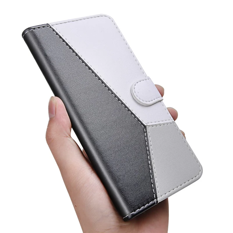 Shockproof Phone Case for Samsung Galaxy S23 , Tri-color Splicing Flip Leather Phone Wallet Cover Stand - Black / White / Grey