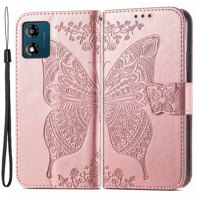 For Motorola Moto E13 4G Imprinted PU Leather Wallet Phone Case Anti-drop Stand Cover - Rose Gold