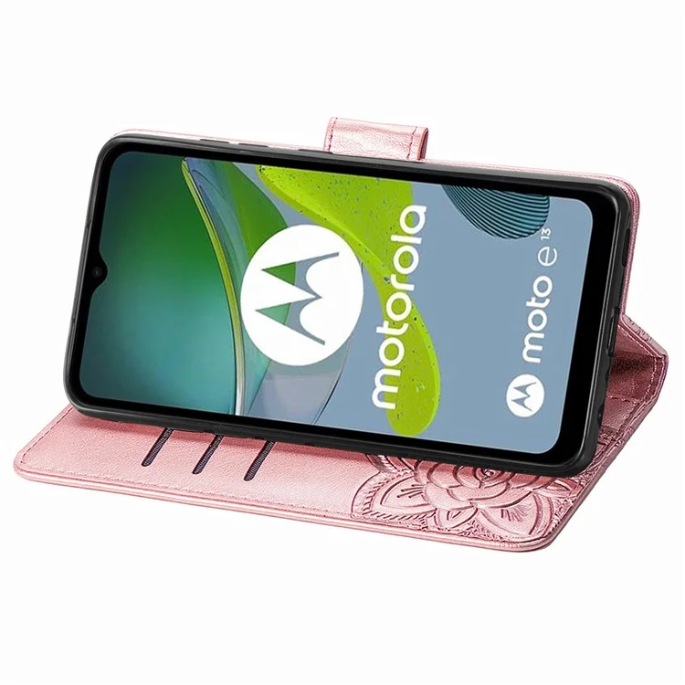 For Motorola Moto E13 4G Imprinted PU Leather Wallet Phone Case Anti-drop Stand Cover - Rose Gold