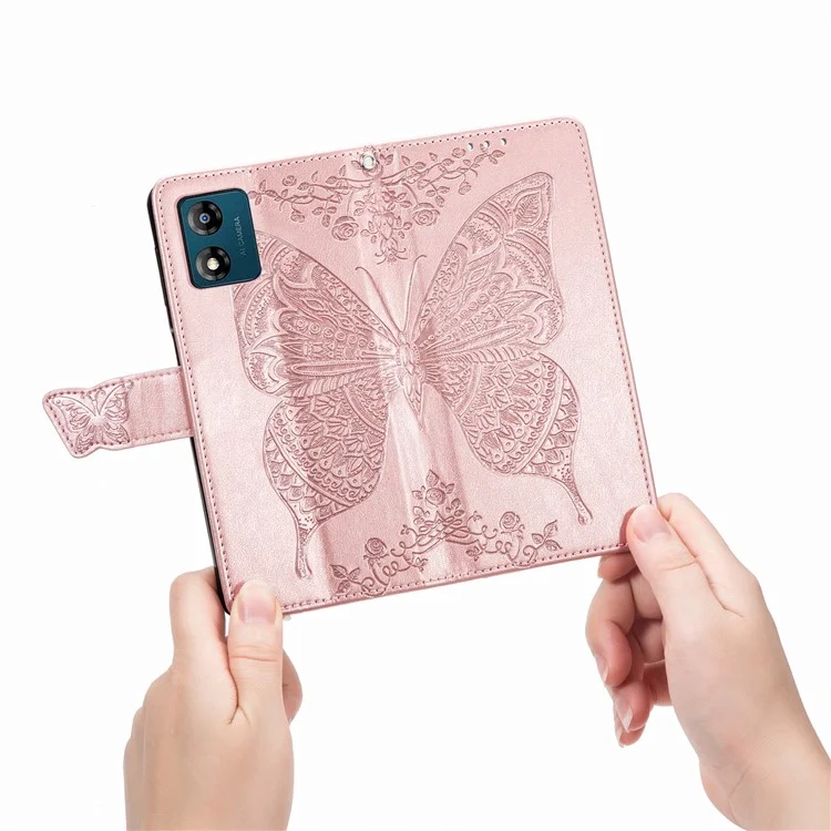 For Motorola Moto E13 4G Imprinted PU Leather Wallet Phone Case Anti-drop Stand Cover - Rose Gold