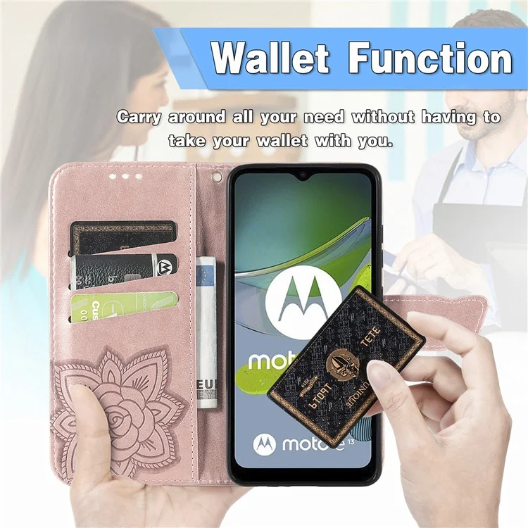 For Motorola Moto E13 4G Imprinted PU Leather Wallet Phone Case Anti-drop Stand Cover - Rose Gold