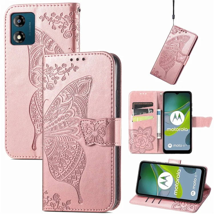 For Motorola Moto E13 4G Imprinted PU Leather Wallet Phone Case Anti-drop Stand Cover - Rose Gold