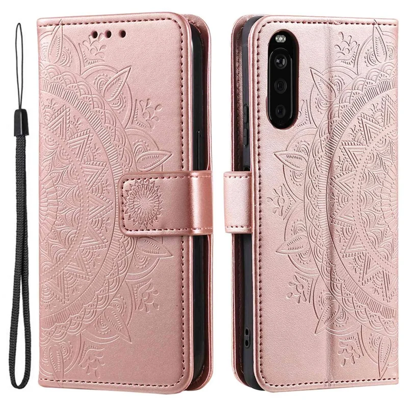 For Sony Xperia 10 V PU Leather Wallet Phone Case Imprinted Mandala Flower Pattern Magnetic Folio Stand Cover - Rose Gold
