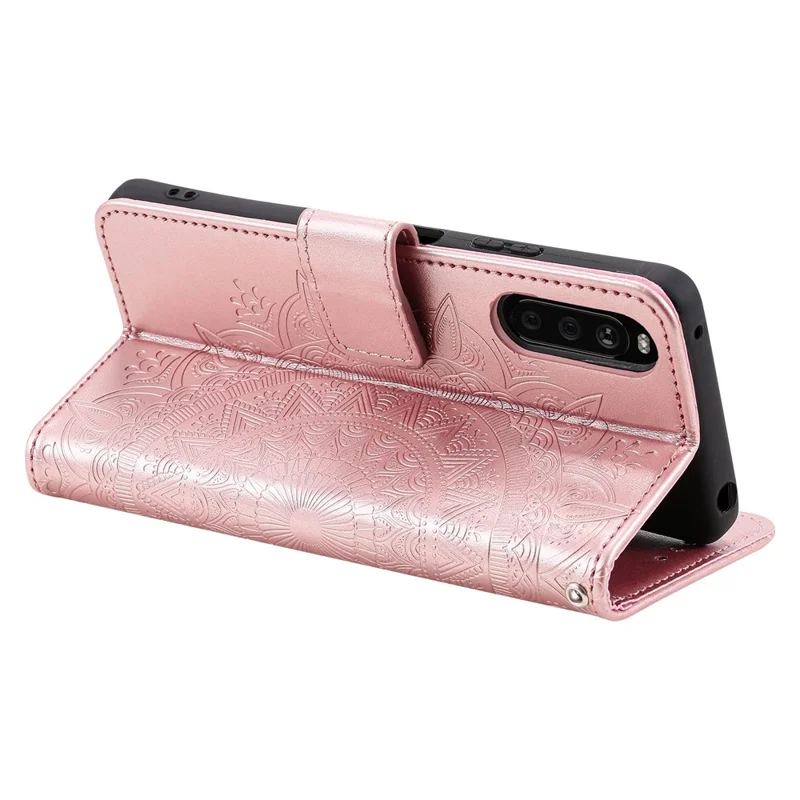 For Sony Xperia 10 V PU Leather Wallet Phone Case Imprinted Mandala Flower Pattern Magnetic Folio Stand Cover - Rose Gold