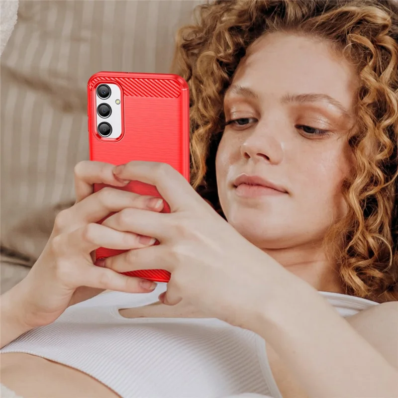 For Samsung Galaxy A24 4G (162.1 x 77.6 x 8.3mm) Anti-scratch Phone Case Carbon Fiber Texture Brushed Surface Protective Back Cover - Red