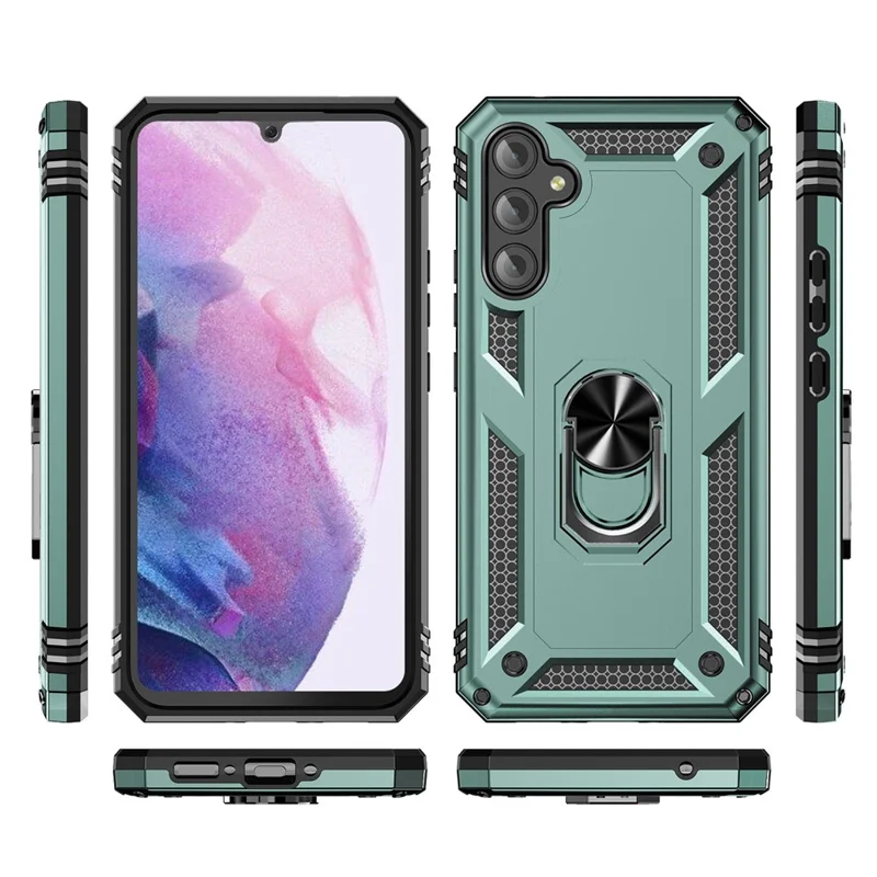 For Samsung Galaxy A34 5G Ring Holder Kickstand Case TPU + PC Protective Phone Cover - Blackish Green