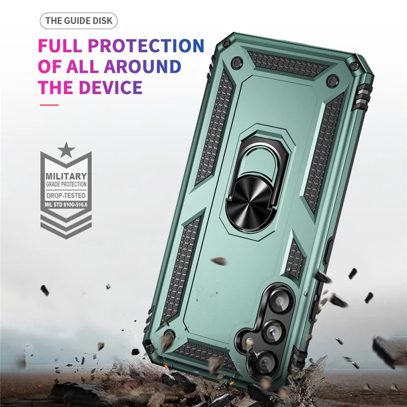 For Samsung Galaxy A34 5G Ring Holder Kickstand Case TPU + PC Protective Phone Cover - Blackish Green