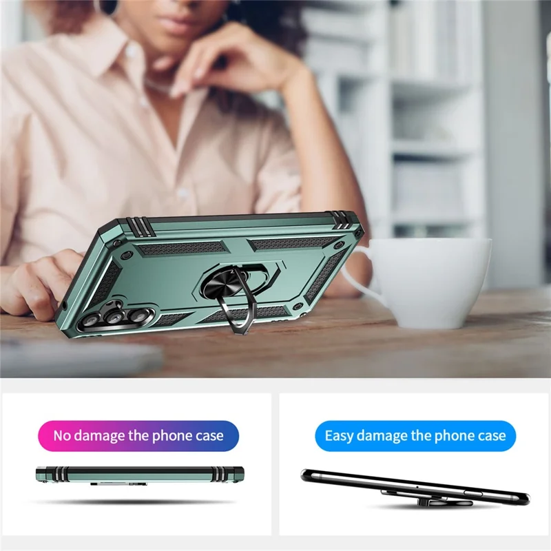 For Samsung Galaxy A34 5G Ring Holder Kickstand Case TPU + PC Protective Phone Cover - Blackish Green