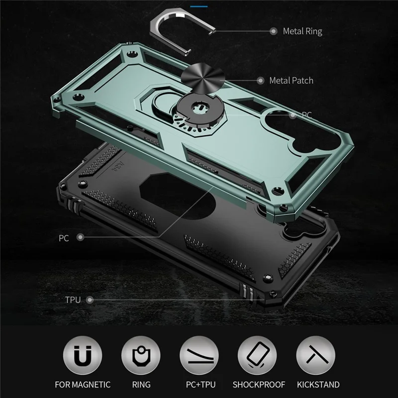 For Samsung Galaxy A34 5G Ring Holder Kickstand Case TPU + PC Protective Phone Cover - Blackish Green