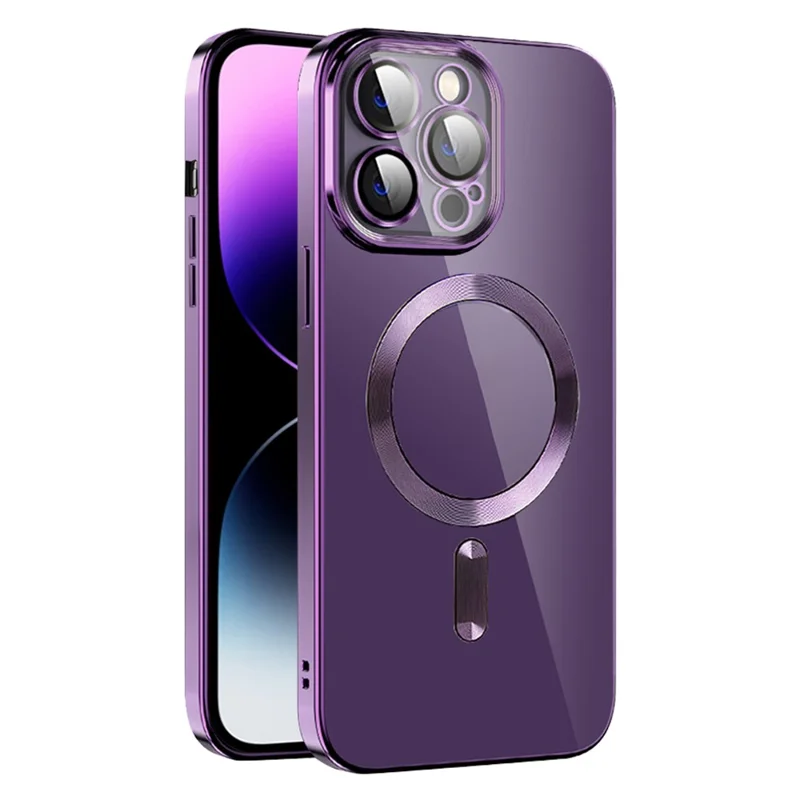Coque magnétique pour iPhone 14 Pro, housse TPU + PC transparente avec texture CD et bordure électroplacée - Violet