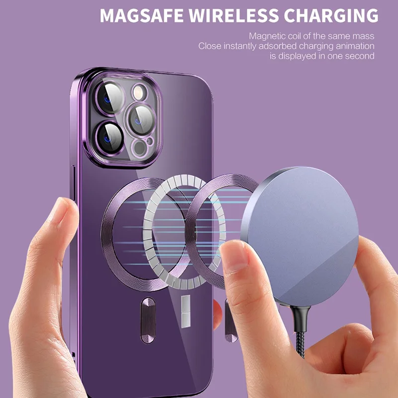 Coque magnétique pour iPhone 14 Pro, housse TPU + PC transparente avec texture CD et bordure électroplacée - Violet