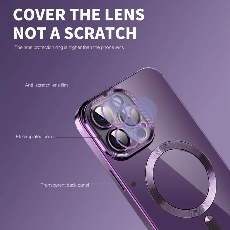 Coque magnétique pour iPhone 14 Pro, housse TPU + PC transparente avec texture CD et bordure électroplacée - Violet