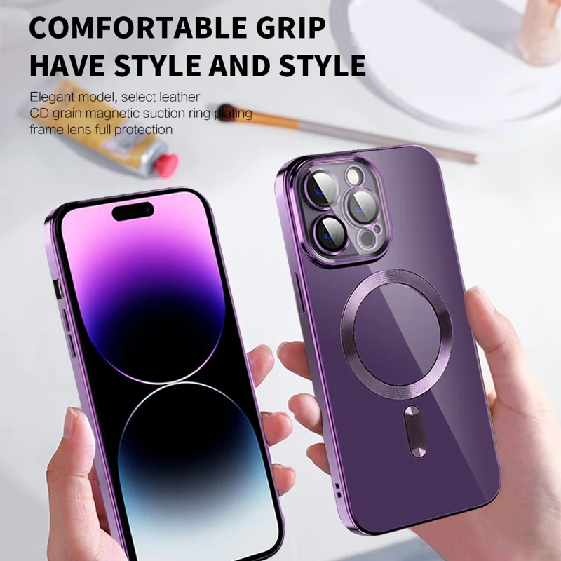 Coque magnétique pour iPhone 14 Pro, housse TPU + PC transparente avec texture CD et bordure électroplacée - Violet