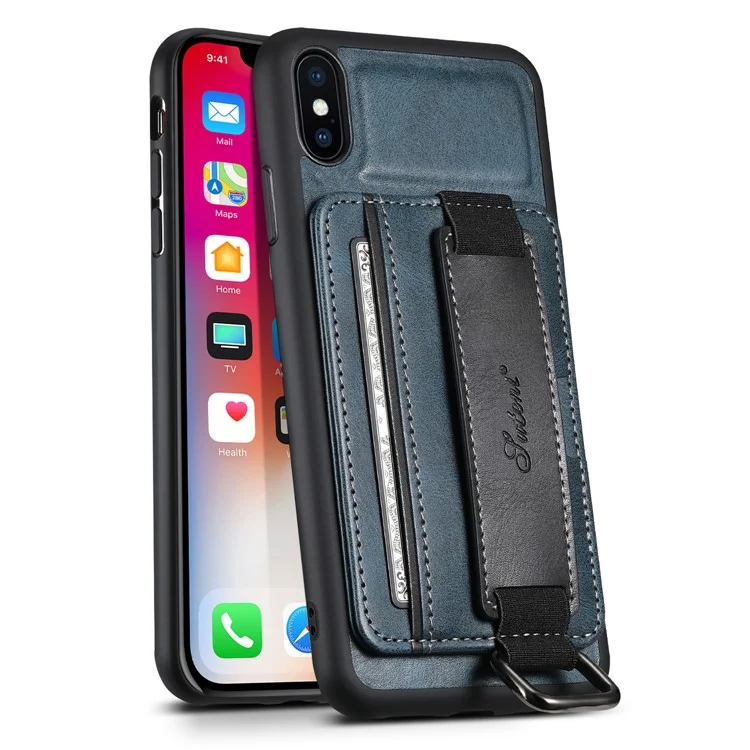 SUTENI H13 Hand Strap Kickstand Phone Case for iPhone XS Max Card Holder PU Leather Coated PC + TPU Cover - Blue
