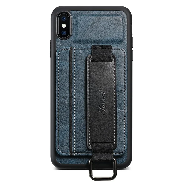 SUTENI H13 Hand Strap Kickstand Phone Case for iPhone XS Max Card Holder PU Leather Coated PC + TPU Cover - Blue