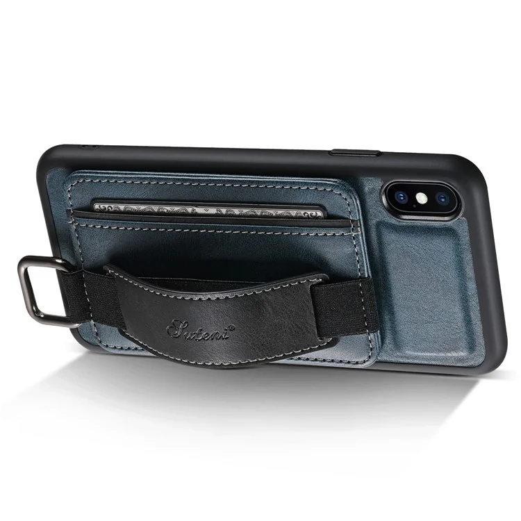 SUTENI H13 Hand Strap Kickstand Phone Case for iPhone XS Max Card Holder PU Leather Coated PC + TPU Cover - Blue