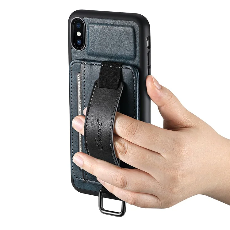 SUTENI H13 Hand Strap Kickstand Phone Case for iPhone XS Max Card Holder PU Leather Coated PC + TPU Cover - Blue