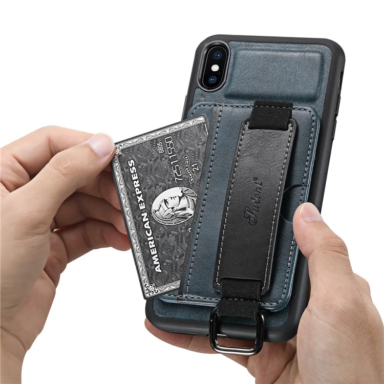 SUTENI H13 Hand Strap Kickstand Phone Case for iPhone XS Max Card Holder PU Leather Coated PC + TPU Cover - Blue