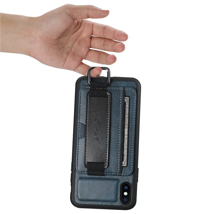 SUTENI H13 Hand Strap Kickstand Phone Case for iPhone XS Max Card Holder PU Leather Coated PC + TPU Cover - Blue