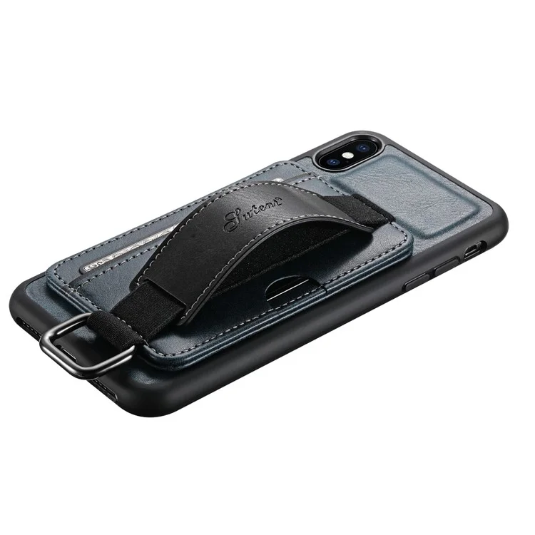 SUTENI H13 Hand Strap Kickstand Phone Case for iPhone XS Max Card Holder PU Leather Coated PC + TPU Cover - Blue