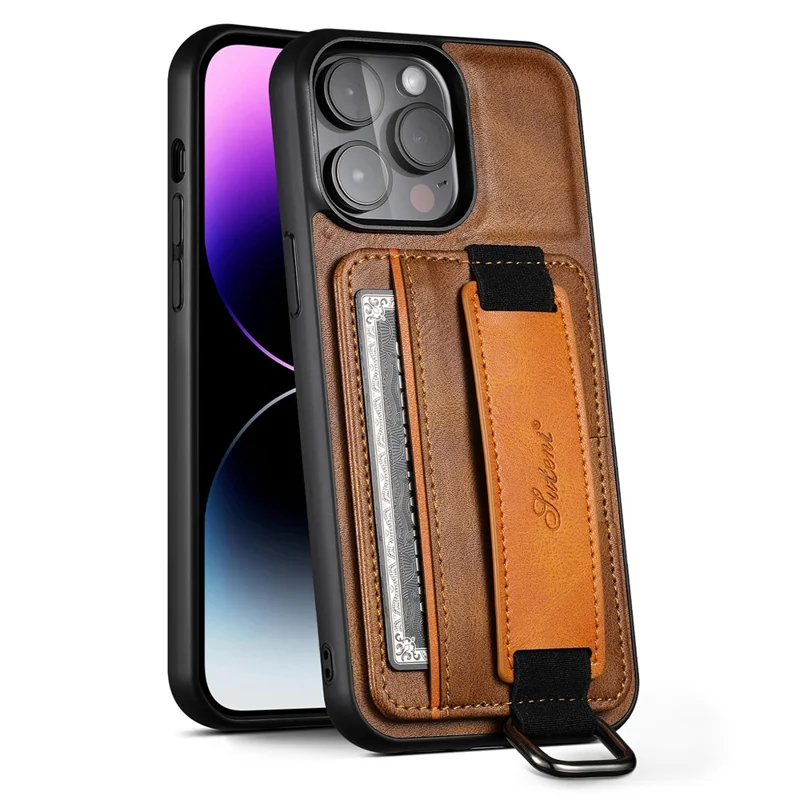 SUTENI H13 Phone Kickstand Case with Hand Strap for iPhone 14 Pro Max Card Holder Leather Coated PC + TPU Cover - Brown