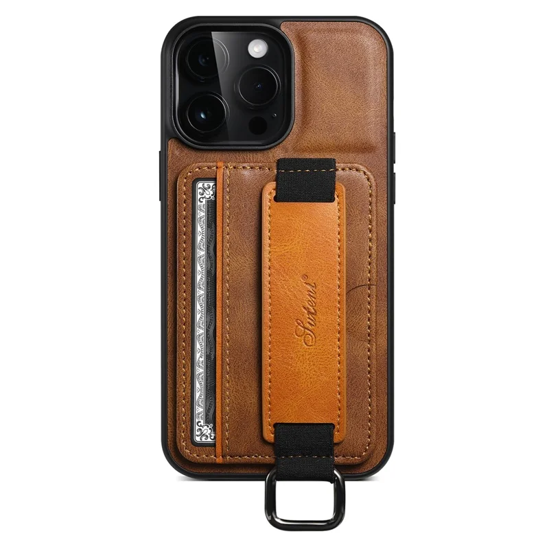 SUTENI H13 Phone Kickstand Case with Hand Strap for iPhone 14 Pro Max Card Holder Leather Coated PC + TPU Cover - Brown