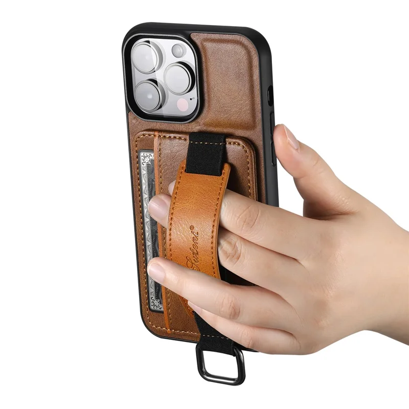 SUTENI H13 Phone Kickstand Case with Hand Strap for iPhone 14 Pro Max Card Holder Leather Coated PC + TPU Cover - Brown